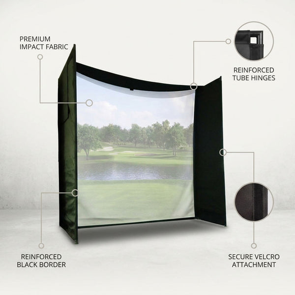 DIY Golf Simulator Impact Screen Frame Enclosure Kit Set, Use with Simulators, Durable Fabric with Velcro, Reinforced Black Border, 9.8'X9.8'X4.9' — Lifestyle